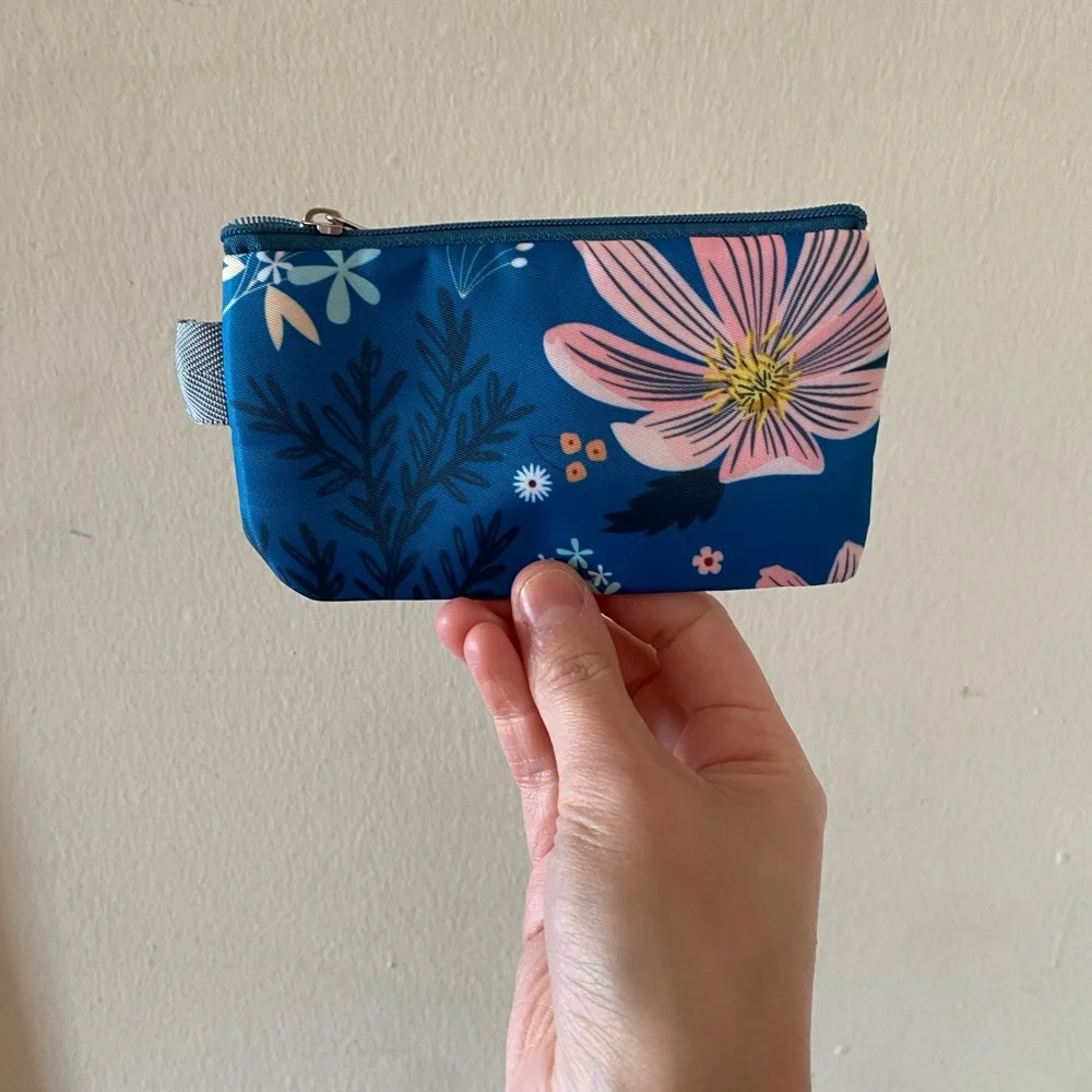 Blue and Pink Floral Print Cylinder Makeup Pouch with Drawstring